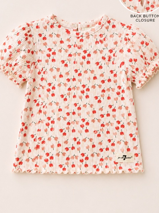 7 For All Mankind Other - 7 For All Mankind Girls 4T Cherry Print Top Puff Sleeve Ribbed Tee Back Button